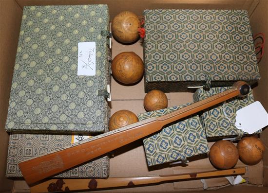 Two Chinese Fans, Two Purses, two calligraphy sets, six engraved wooden spheres and two seals